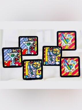BRITTO, ROMERO Vibrant Multicolor Cocktail Coasters – Set of 6 NEW IN BOX HTF